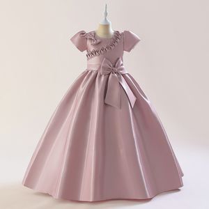2023 Saten Çiçek Kız Elbise Düğünler İçin Yeni İnciler Satin Vestidos De Comunion Pageant Elbise İlk Cemaat Gowns Partisi Elbise Prenses Küçük Çocuklar Doğum Günü