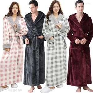 Women's Winter Warm Flannel Hooded Bathrobe, Plus Size Plaid Coral Fleece Kimono Robes Long Sleeve Bath Robe