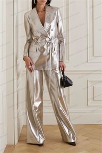 Erkek Suit Blazers parlak saten düğün kadınlar takım elbise seti blazer geniş bacak pantolonları resmi ofis bayan ceket kemer balo elbisesi özel yapım sonbahar ceket 230919