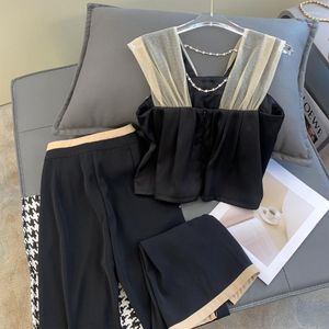 Женские брюки из двух предметов, широкие черные брюки по индивидуальному заказу, сексуальные брючные костюмы Y2k, тонкие топы на бретельках, 2 комплекта футболок без рукавов с цепочкой с бантом