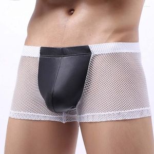 UNDUPTS See-Through Meth Mens iç çamaşırı boksörleri seksi eklenmiş sahte deri şişme penis torbası boksörler erotik eşcinsel iç çamaşırı erkek külot