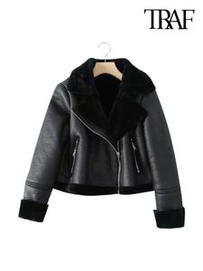 Women's Jackets TRAF Women Fashion Thick Warm Winter Fur Faux Leather Cropped Jacket Coat Vintage Long Sleeve Female Outerwear Chic Tops 230919