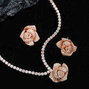 18 К розовое золото цветок лаборатория муассанит ювелирный комплект вечерние свадебные серьги ожерелье для женщин свадебные украшения подарок