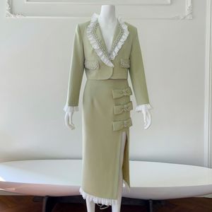 Blazer + mini etek uzun midi takım elbise yay split lüks el yapımı fırfırlı dantel şık retro sıcak pembe kızlar kısa ceket yaz takım elbise pullu mükemmel pullu parti elbise