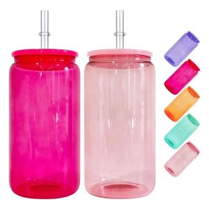 16oz Sublimation Colored Jelly Glass Can with Colored Plastic Lid Sublimation Glass Cups Beer Can Glass Jar Drinking Glasses with Reusable Straw DIY 831