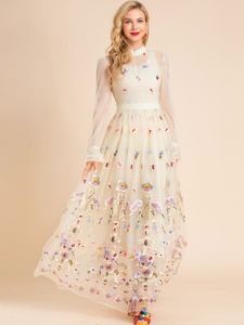 Kentsel seksi elbiseler ld linda della yaz pisti maxi vintage parti elbise kadın standı yaka parlama kolları örgü çiçekler nakış uzun elbise 230918