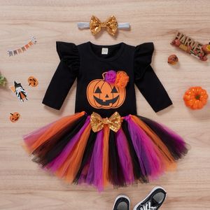 Комплекты одежды 024M Младенческая одежда для маленьких девочек на Хэллоуин с цветочным принтом тыквы, комбинезон с длинными рукавами, красочные юбки-пачки, повязка на голову с бантом, 3 шт. 230919