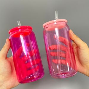 Hot pink colorful Sublimation 16oz clear jelly color Mugs Can Shaped Glass soda beer Cups Tumblers for DIY printing With PP Lids 919