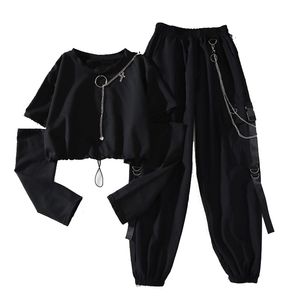 Women's Tracksuits Spring Autumn Women Harajuku Cargo Pants Handsome Cool Two piece Suit Chain Long Sleeve Ribbon 230919