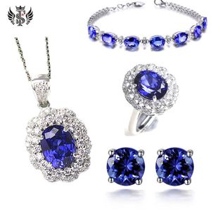 Pulseira de joias de cor de diamante anel de pétala de tanzanita pingente de cristal azul quatro garras brinco de safira conjunto de joias 296u