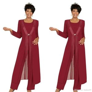 2019 Üç Parçalı Kızıl Mother, Ceket Şifon ile Gelin Pantolon Takımları Özel Yapımı Uzun Kollu Düğün Elbise Kıyafet2060