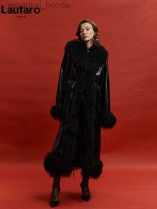 Kadın Kürk Sahte Kürk Lautaro Bahar Sonbahar Uzun Siyah Parlak Patent Pu Deri Ceket Kadınlar Sahte Kürk Trim Lüks Tasarımcı Giyim Avrupa Moda L230920