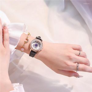 Wristwatches Fashion Women Watches Luxury Rhinestone Rose Gold Dial PU Leather Casual Lady Top Brand Retro Female Clock Gift