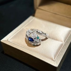 Роскошные кольца-кольца Топ из стерлингового серебра S925, брендовый дизайнер, синий кристалл, змея, широкое открытое кольцо для женщин, ювелирные изделия, подарок на вечеринку