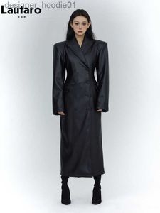 Kadın Yün Karışımları Lautaro Bahar Sonbahar Uzun Siyah Fitli Yumuşak Pu Deri Trençkot Omuz Pedleri Lüks Tasarımcı Giysileri 2023 L230920