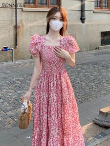 Повседневные платья, летнее платье, женское макси-розовое романтическое винтажное платье принцессы трапециевидной формы с квадратным воротником во французском стиле для отпуска, милые платья с принтом