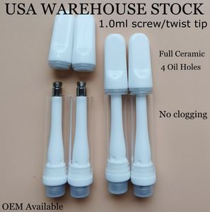 USA Stock 1.0ml Full Ceramic Cartridge 510 Thread Screw Tip Thick Oil Carts Empty Pen Foam Tray Packaging Local 2-5 Day Delivery V22 400pcs case