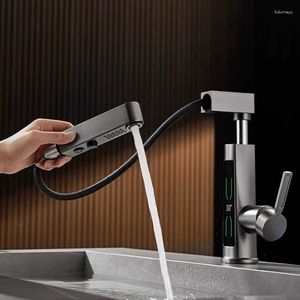 Banyo lavabo musluklar silah gri tek delik kaldırma ve döndürme dijital ekran atmosfer ışık çekme ikili mod havzası soğuk musluk