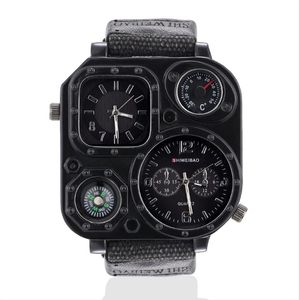 GMT Dual Time Mens Mens Watch Outdoor Quartz Watches Canvas Band Compass 50 мм большой квадратный циферблат мужские наручные часы260x