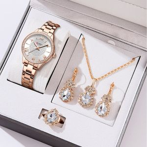 Other Jewelry Sets CURREN Luxury Watch Women Ring Necklace Earrings Rhinestone Fashion Wristwatch Female Casual Ladies Watches Bracelet 5PCS Set 230921