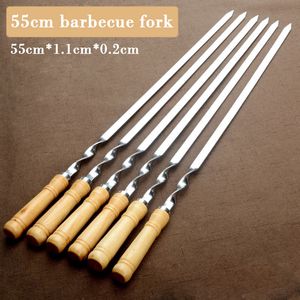 BBQ Tools Accessories 6pcs 55cm Stainless Steel Skewers Long Handle Shish Kebab Barbecue Grill Sticks Wood Fork Outdoor Camping Supplies Roast 230920