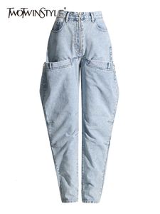 Мужские джинсы джинсы TWOTWINSTYLE Панчание застежки -молния нерегулярная джинсовая штаны для женщин с высокой талией уличная одежда прямая нога женская женщина 2023 230921