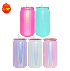 USA warehouse free shipping blank sublimation 15oz 16oz bling lid Holographic Shimmer White glitter glass can with bling lids and straws for DIY printing
