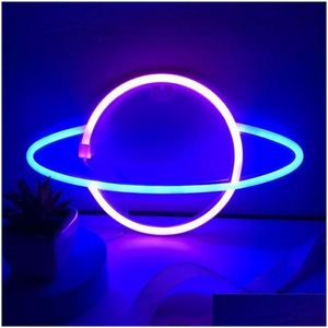 Gece Işıkları Led Neon Lamba Eliptik Gezegen Şeklinde Duvar İşaret Masası USB Yatak Odası İçin Asılı Ev Partisi Tatil Dekoru Damla Teslimat Li Otgoy