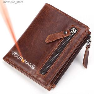 Money Clips Leather Men Wallets Free Name Engraving % Genuine Cow Leather Short Card Holder Men Purse Double Zipper Male Wallet Q230921