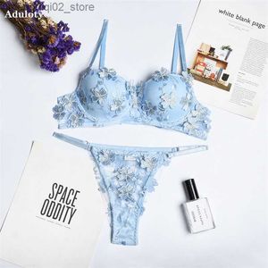 BRAS SETS YİYATLARIN ROMNANTİK YÜCTLÜ BRA Perspektif Panties Erotik Dantel Örgü Nakış Aplike Seksi İç çamaşırı Ton İki Parçalı Set Q230922