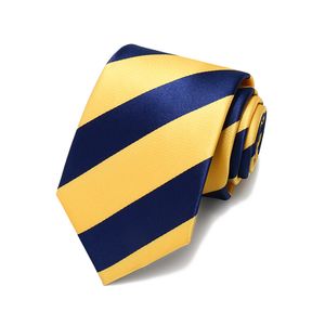Boyun bağları moda gündelik sarı ve lacivert çizgili bağlar erkekler için 7cm standart kravat düğün partisi kravat ile hediye kutusu 231013