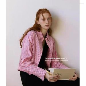 Giacche da donna Firmranch 2023 Coreano Dongdaemun Designer Camicia in cotone con risvolto Rosa a quadri per le donne Cappotto con borchie Primavera