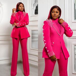 Rose Red Women Wedding Tuxedos Big Pearls Mother Of The Bride Pants Suits Custom Made For Ladies Party Prom Wear 2 Pieces