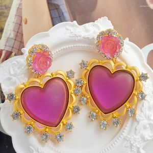 Dangle Küpeler Vintage Reçine Çiçek Aşk Kalp Büyük Damla Küpe Rhinestone Geometrisi Kadın Mücevherleri 2023 Retro Fransa S925 Gümüş İğne