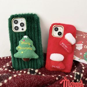 3D-подарок на рождественскую елку, пушистые меховые чехлы для Iphone 15 Pro 14 13 12 11 XS MAX XR X 8 7 Plus, рождественские носки с Рождеством Санта-Клауса, красные, зеленые, мягкие, хромированные, из ТПУ, задняя крышка для телефона
