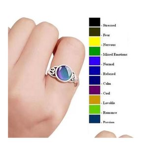 Bant Yüzükleri Vintage Sier Ring 925 Sterling Yuvarlak Kristal Sıcaklığa Duyarlı Renk Değiştiren Ruh Hali Parmak Damlası Dağıtım Takı DHF7D