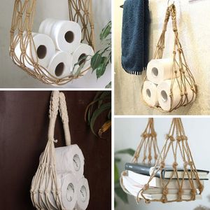 Toilet Paper Holders Hanging Cotton Rope Toilet Paper Holder Mesh Storage Bag Wall Mounted Tissue Holder for Magazine Books Home el Mesh Pockets 230923