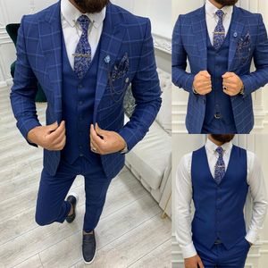 Costume Homme Plaid Men's Wedding Tuxedos 3 Pieces Peaked Lapel Pants Suits Casual Overcoat Formal Business Daily Tailored