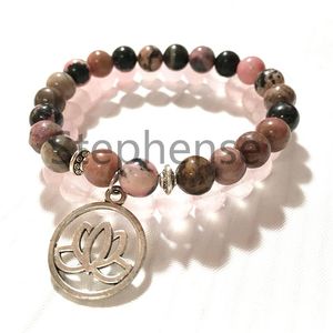 MG0709 Набор браслетов с черным родонитом и цветком лотоса, 8 мм, энергетический браслет из натурального розового кварца, новый дизайн, женский браслет для йоги Mala Bracel2598