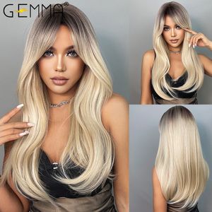 Cosplay Wigs GEMMA Ombre Brown Blonde Long Straight Synthetic Wigs with Bangs Cosplay Wig for Women High Temperature Natural Fake Hair 230922