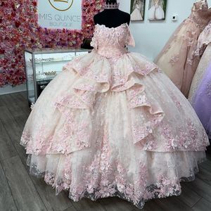 Pink Sparkly Princess Off Shoulder Quinceanera Dresses 2024 Strapless Lace Applique Sweet 16 Ball Gown Vestidos De 15 Anos
