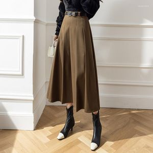 Saias outono inverno moda longa saia de lã mulheres elegante cintura alta a linha plissada senhoras mistura de lã casual terno