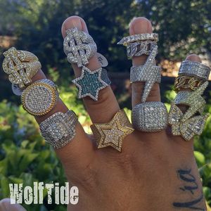 18K White Gold Pentagram Hip Hop Ring for Men, Buttergly Bling Cubic Zirconia Guys Full Diamond Iced Out Prong CZ Stone Baguette Star Rapper Jewelry Bijoux for Boyfriend