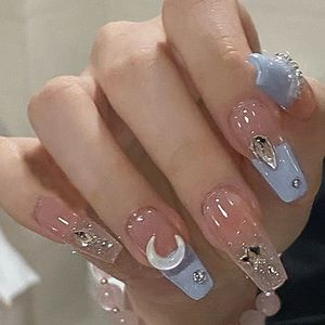 Yanlış Tırnaklar 24 PCS Moon Tasarım Rhinestones Akrilik Tam Kapak Uzun Tabut Sahte Çıkarılabilir Balerin Tırnak Tipleri 230922'de Basın