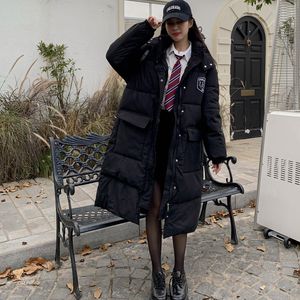 Kadınlar Down Parkas Gerçek Zamanlı PO Yorum Koreli Drama Kadın Baş Öğrenci Siyah Kapşonlu Diz Uzunluk Pamuk Ceket 230922