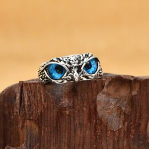Alyans 1pcs Ayarlanabilir Mavi Gözler Baykuş Yüzük Sevimli Erkekler ve Kadınlar İçin Gümüş Renk Alyans Takı Hediyeleri 230923