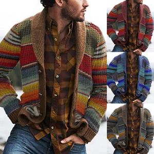 Jaquetas masculinas estilo ocidental camisola cardigan malhas outono cor bloco arco-íris listrado tops cardigans 230923