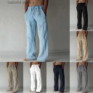 Мужские брюки 2023, летние мужские повседневные широкие брюки, однотонные удобные брюки из хлопка и льна на шнуровке T230925