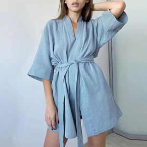 Women's Sleepwear Cotton Robe Nightwear Mini Bathrobes Lace Up Muslin Women Home Clothes Solid Color Robes Nightie Pajamas