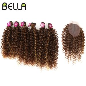Human Hair Bulks Bella Afro Kinky Curly Synthetic Hair 6 Bundles mit 1 Verschluss 7 Stück/Lot Ombre Color 16-20 Zoll Kinky Curly Bundles Haarverlängerung 230925